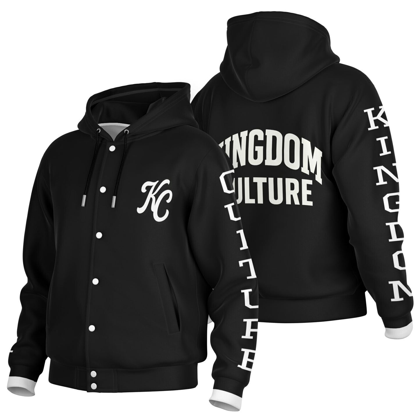 Kingdom Culture Black Hooded Baseball Jacket
