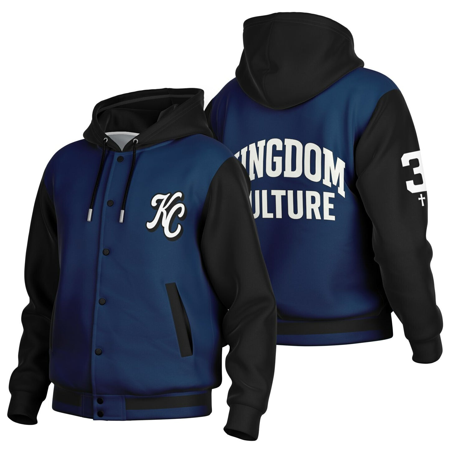 Blue and black hoodie with 'KC' and 'Kingdom Culture' text on a white background