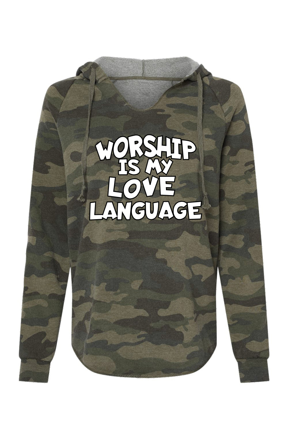 Worship Is My Love Language Womens Lightweight Camo Hooded Sweatshirt