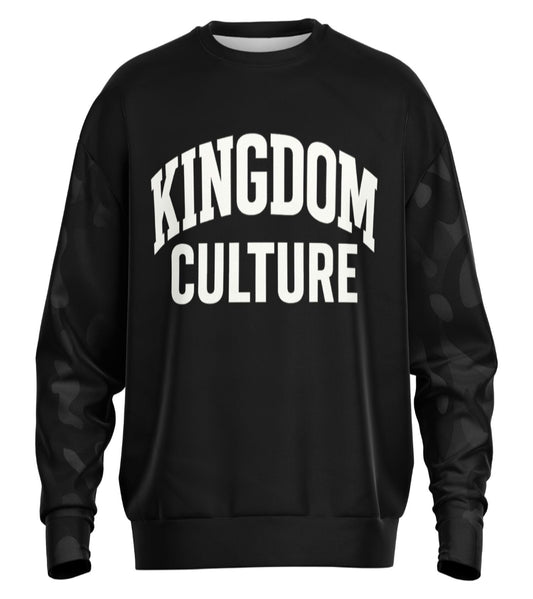 Black sweatshirt with 'Kingdom Culture' text on a white background