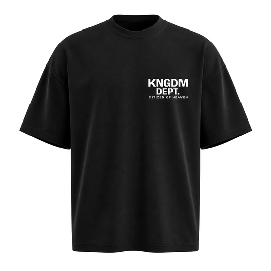 Black t-shirt with 'KNGDM DEPT. CITIZEN OF HEAVEN' text on a light gray background