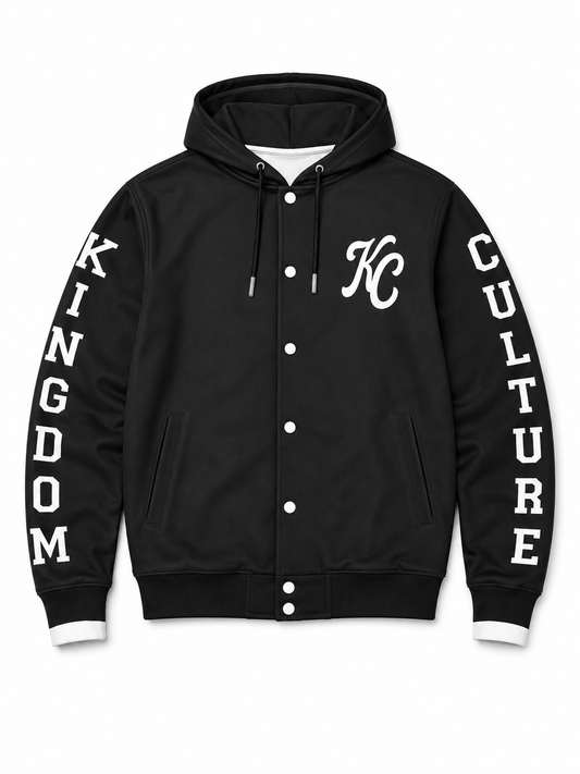 Kingdom Culture Black Hooded Baseball Jacket