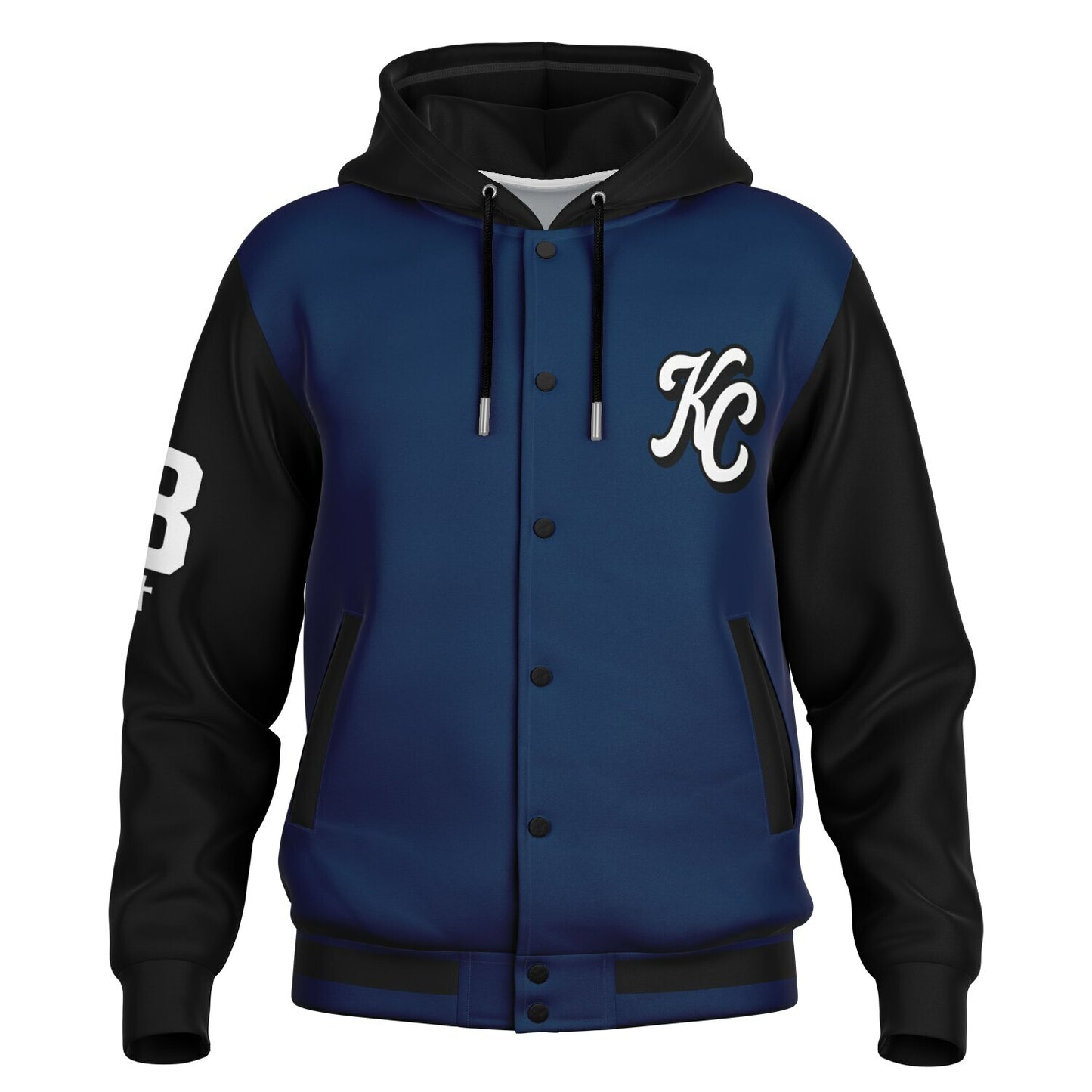 Blue and black hoodie with 'KC' logo on a white background