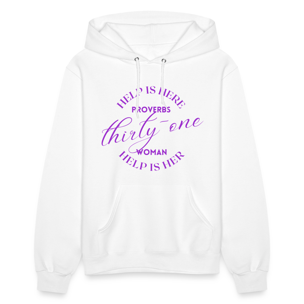Proverbs 31 Woman Help Is Here Women's Hoodie (Purple Text) - white