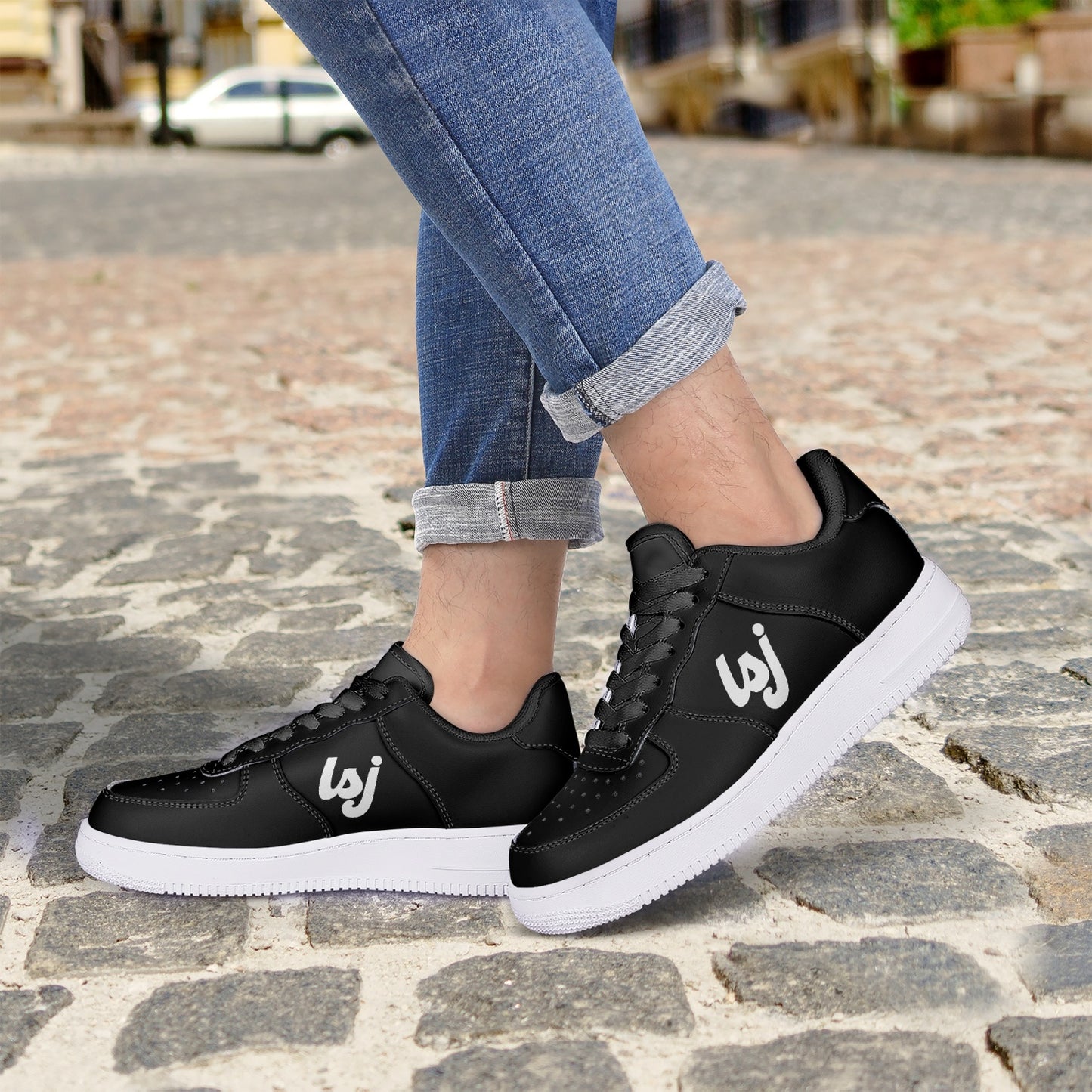 LSJ Basic Black Low-Top Leather Sports Sneakers