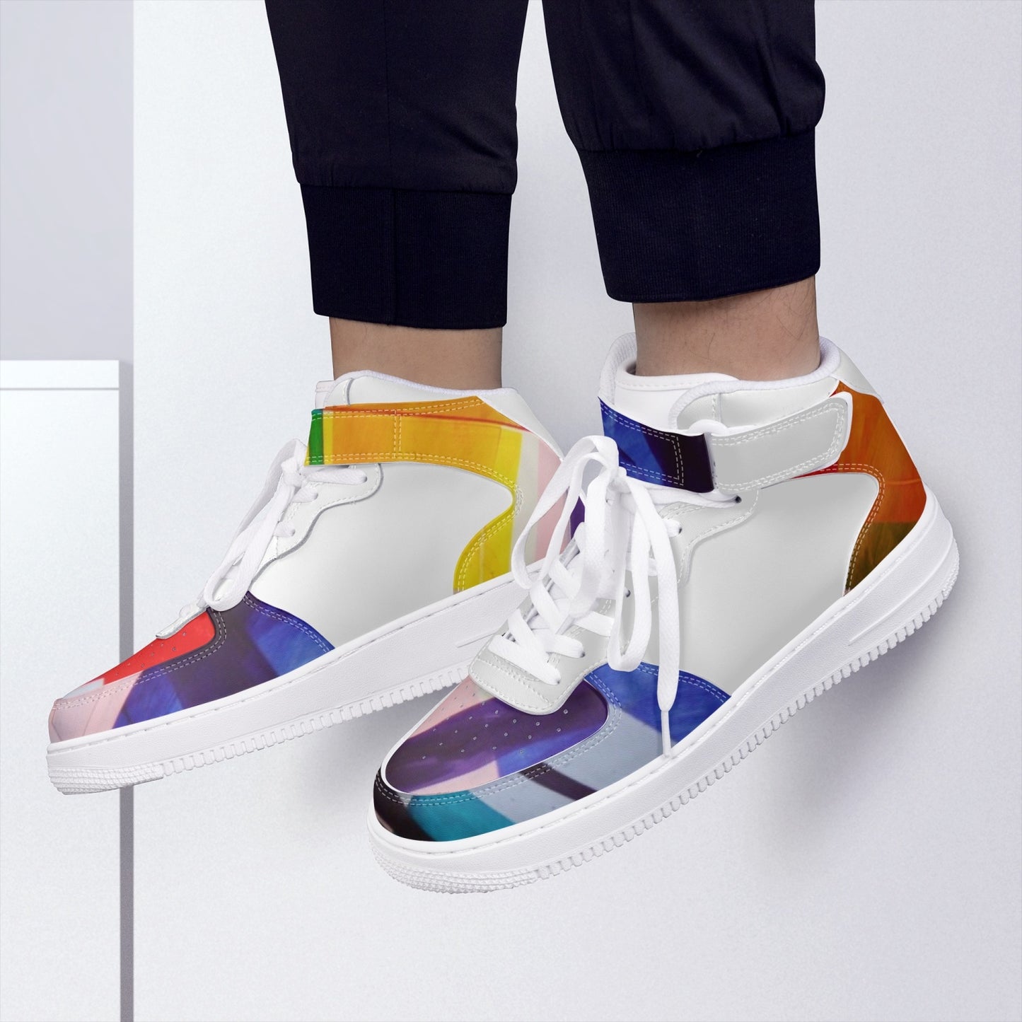 LSJ Puzzle Color White High-Top Leather Sports Sneakers