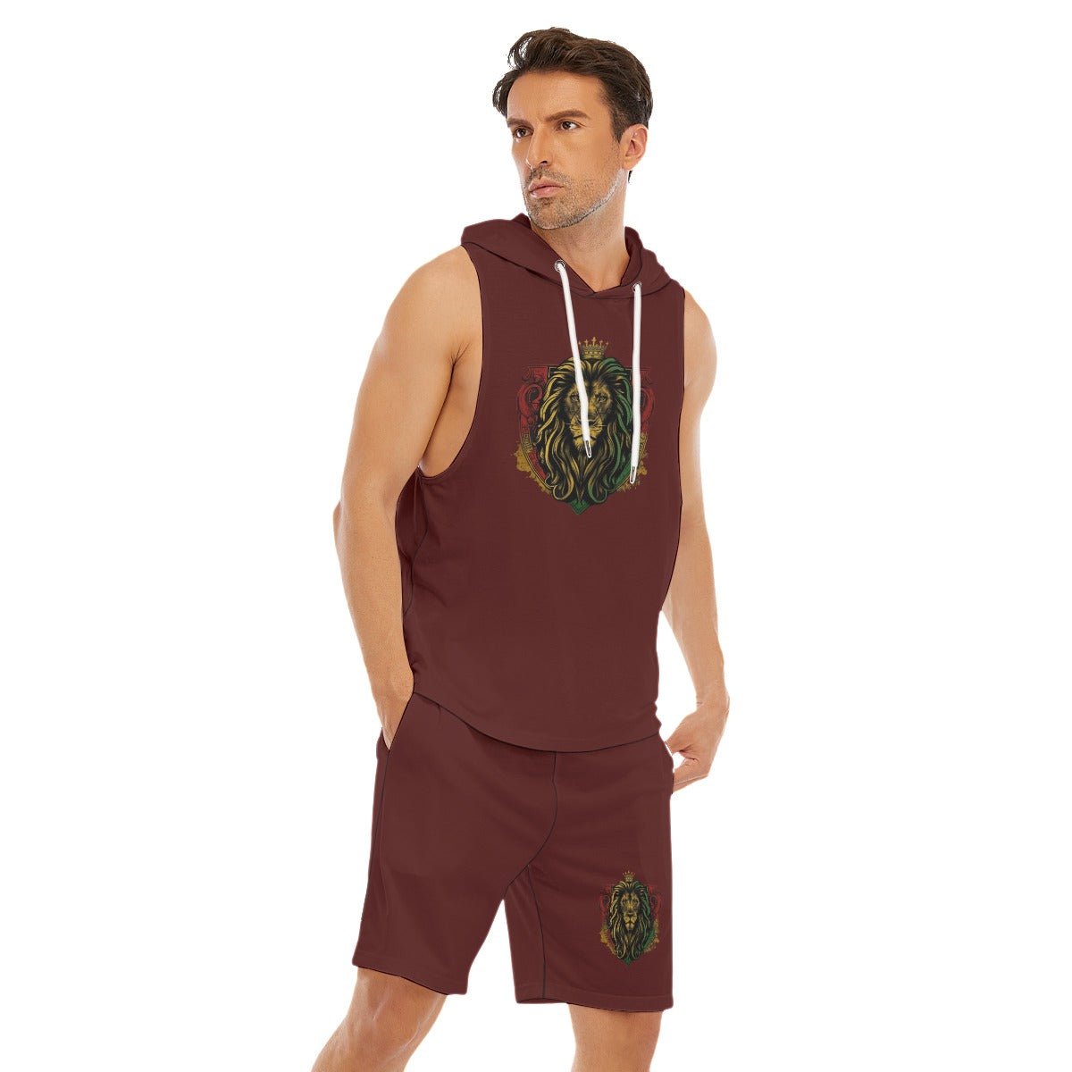 Royal Roar Burgandy Men's Sleeveless Hoodie And Shorts Set