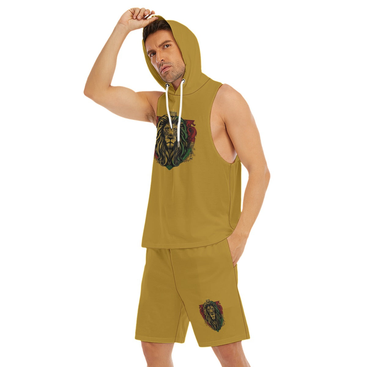 Royal Roar Gold Men's Sleeveless Hoodie And Shorts Set