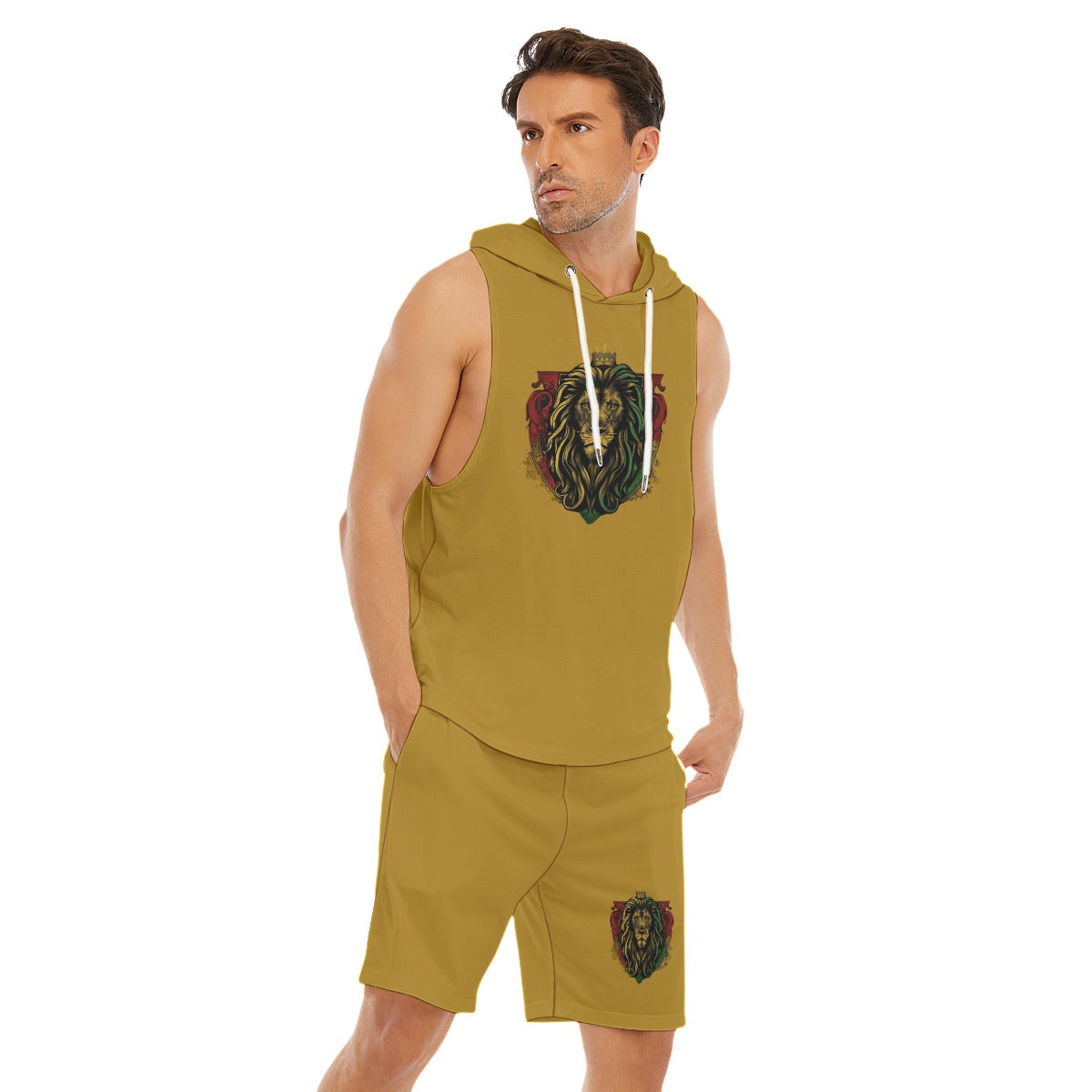 Royal Roar Gold Men's Sleeveless Hoodie And Shorts Set