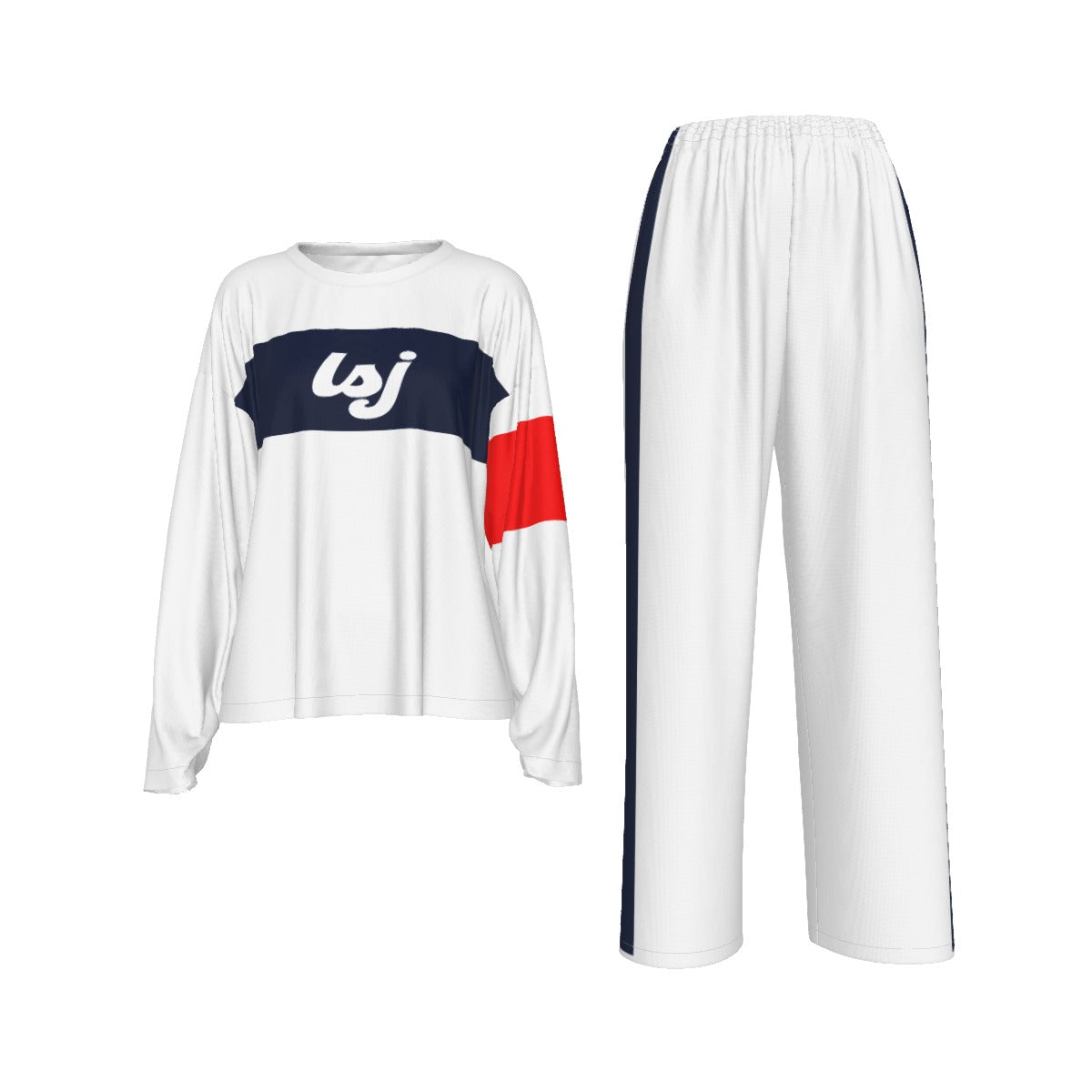 LSJ White Blue & Red All-Over Print Women's Casual Long-Sleeves Trouser Suit
