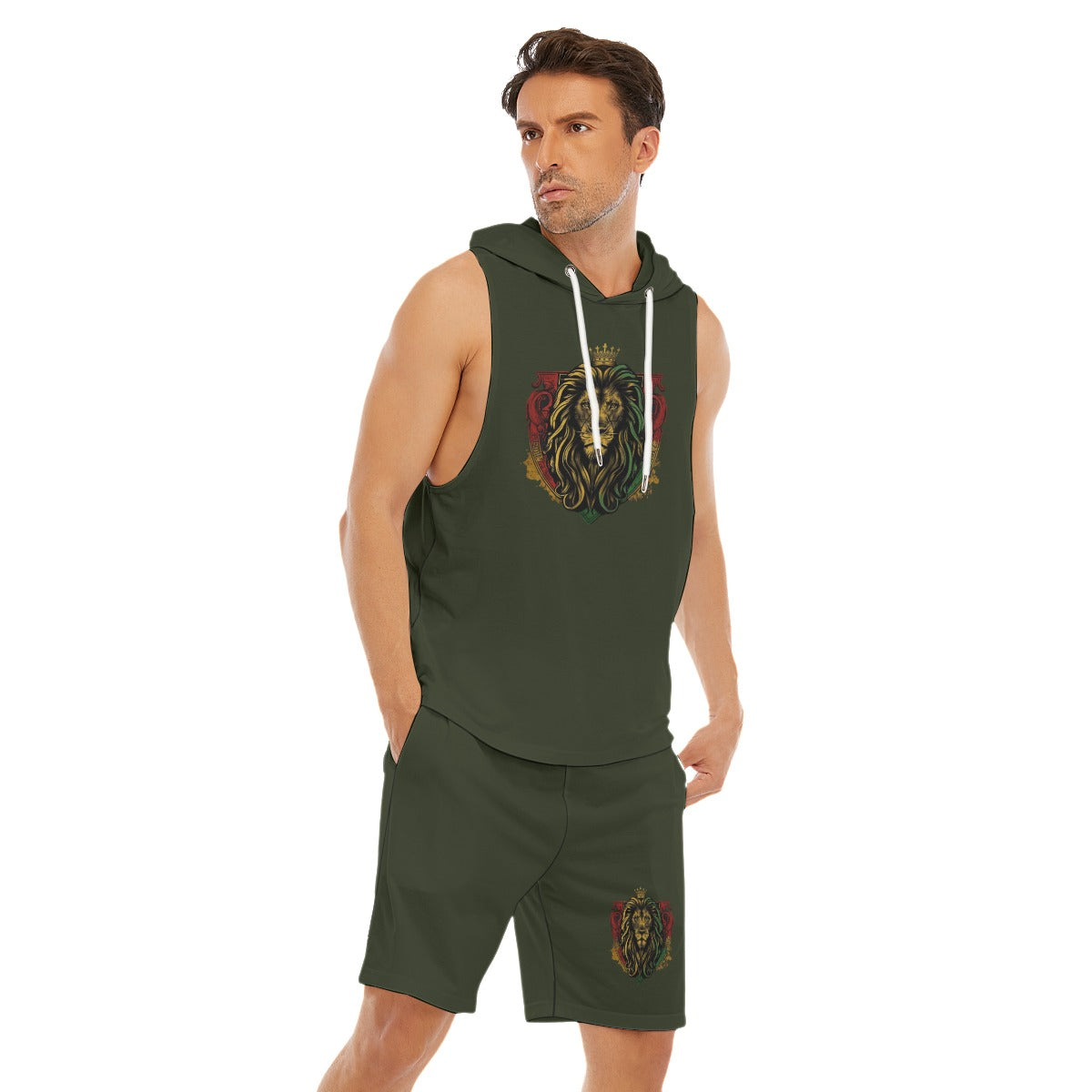 Royal Roar Forest Green Men's Sleeveless Hoodie And Shorts Set