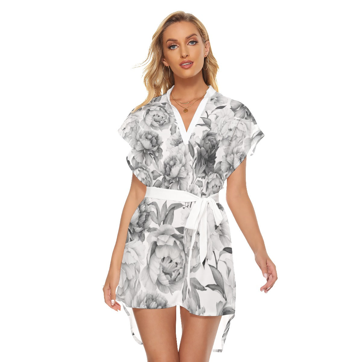 LSJ Floral Women's Stand-up Collar Casual Dress With Belt
