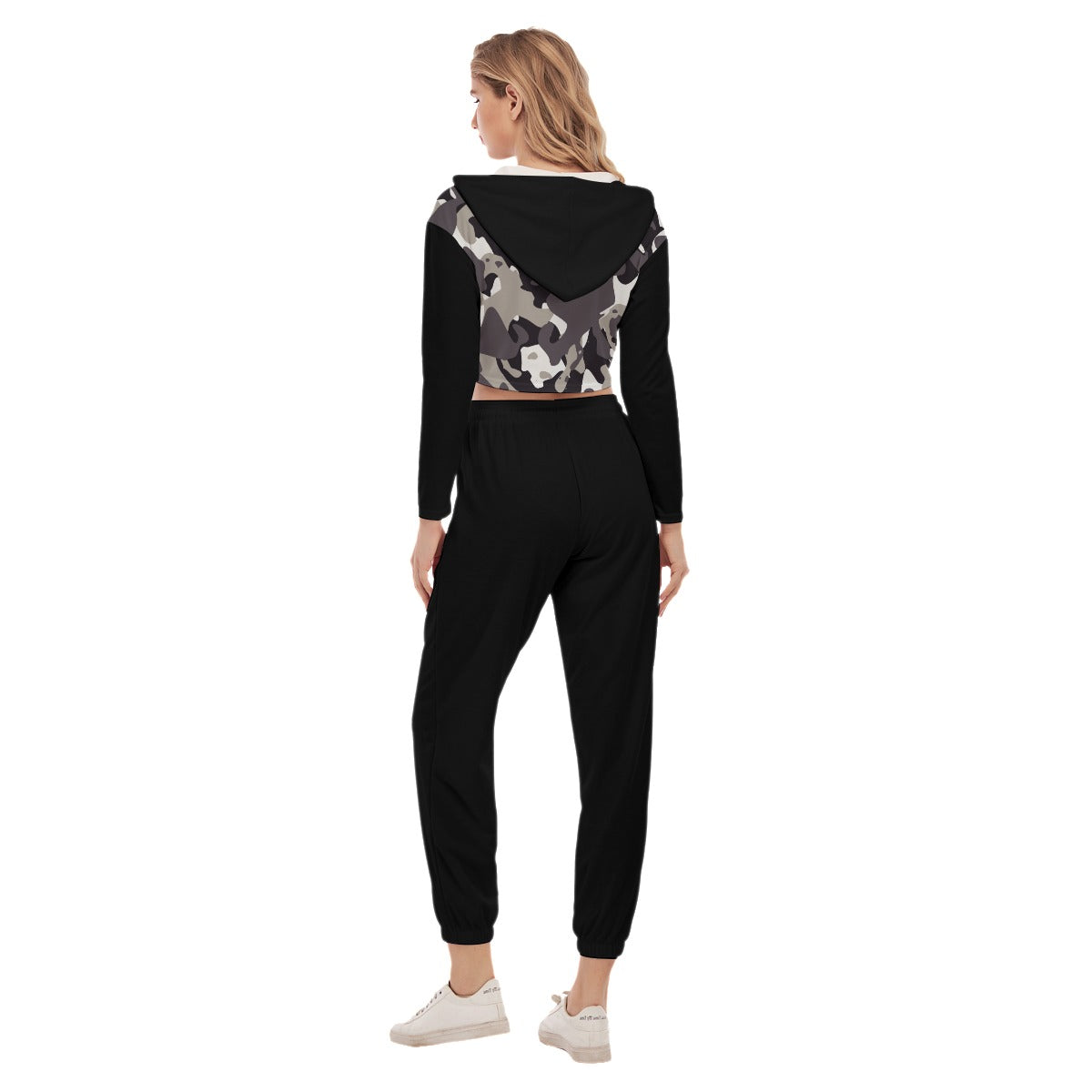 LSJ Black Camo All-Over Print Women's Crop Hoodie Sports Set