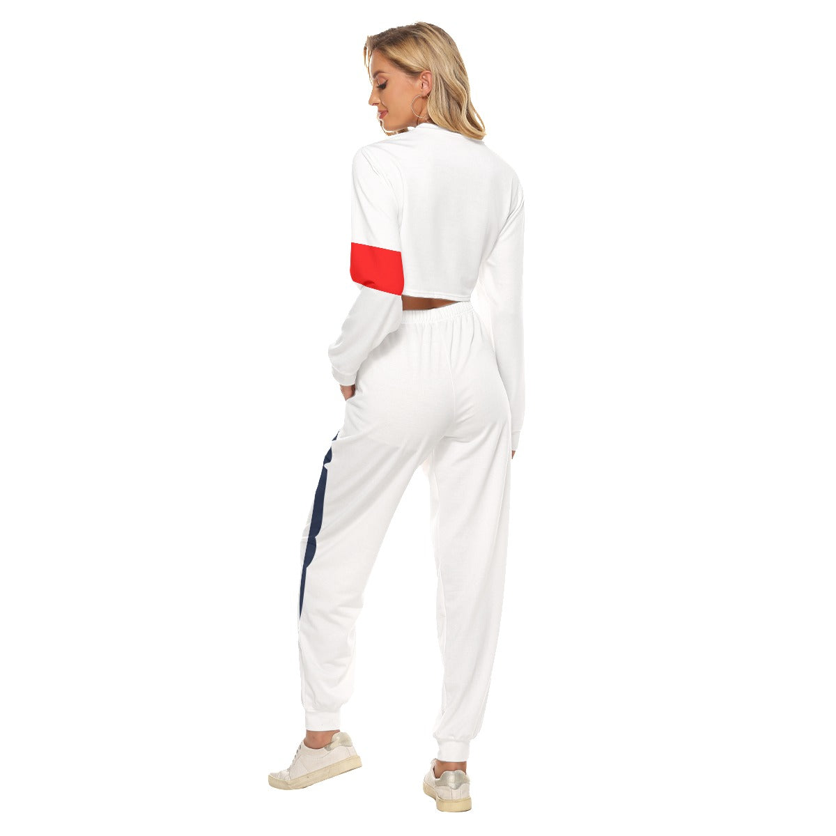 LSJ White, Blue & Red All-Over Print Women's Crop Sweatshirt Suit