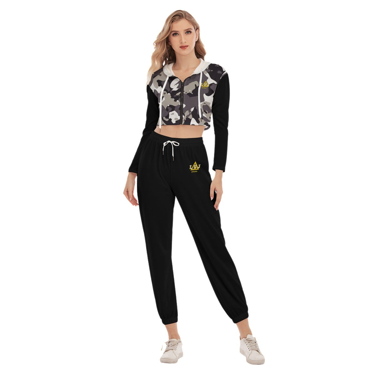 LSJ Black Camo All-Over Print Women's Crop Hoodie Sports Set