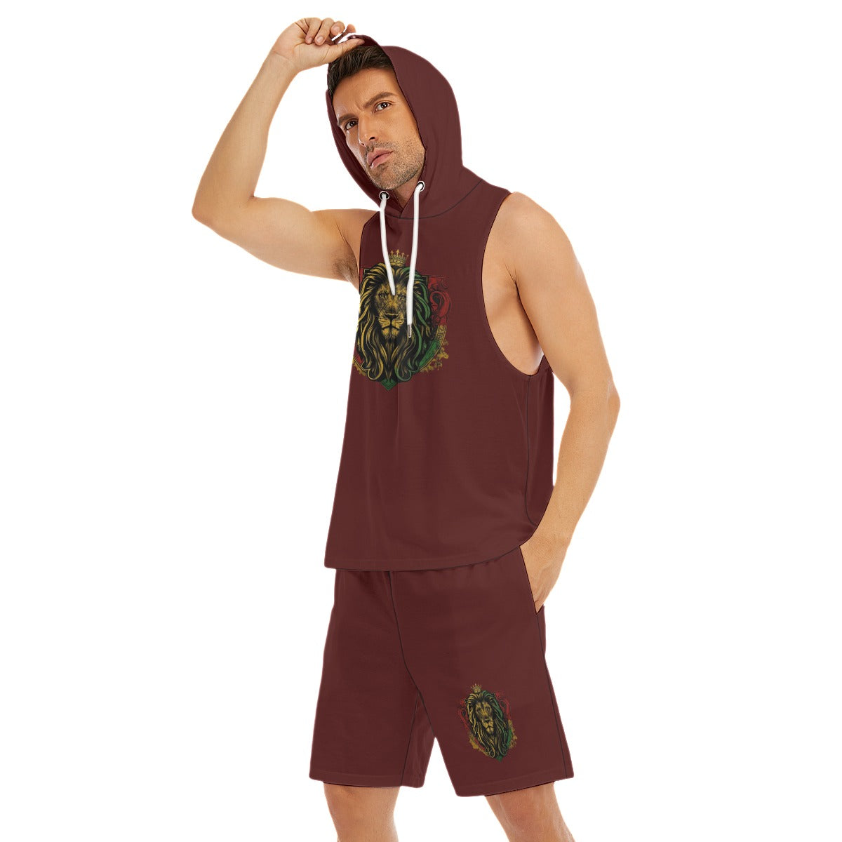 Royal Roar Burgandy Men's Sleeveless Hoodie And Shorts Set
