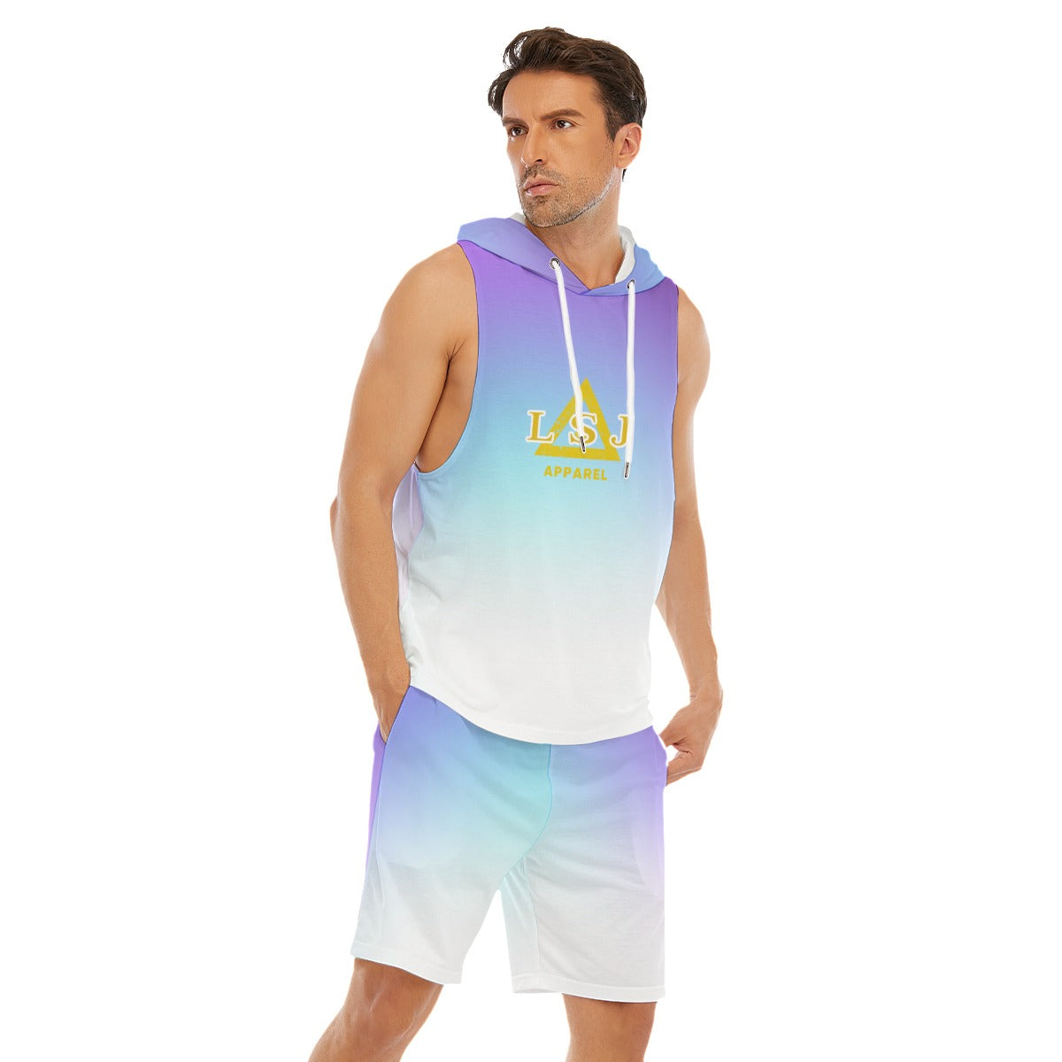 LSJ Blue Ombre Men's Sleeveless Vest And Shorts Sets