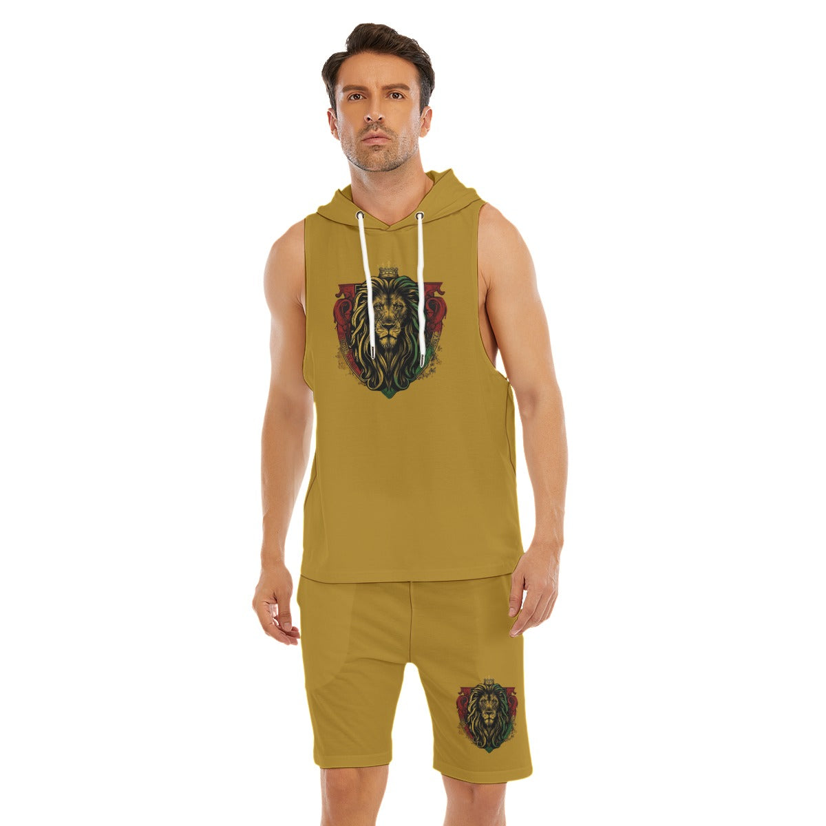 Royal Roar Gold Men's Sleeveless Hoodie And Shorts Set