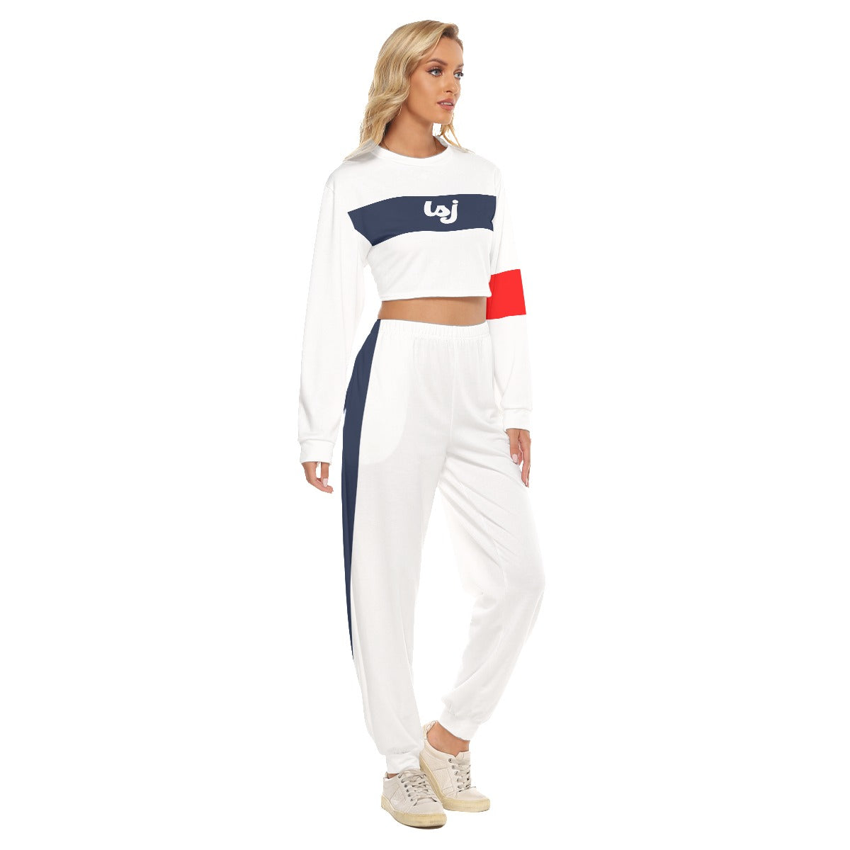 LSJ White, Blue & Red All-Over Print Women's Crop Sweatshirt Suit