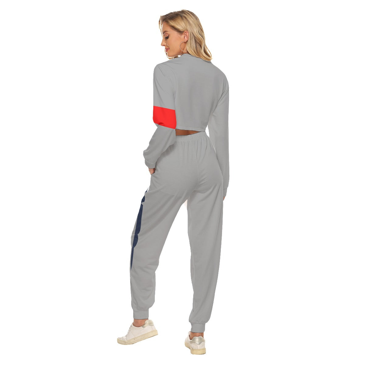 LSJ Grey Blue & Red All-Over Print Women's Crop Sweatshirt Suit