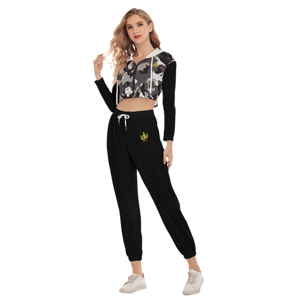 LSJ Black Camo All-Over Print Women's Crop Hoodie Sports Set
