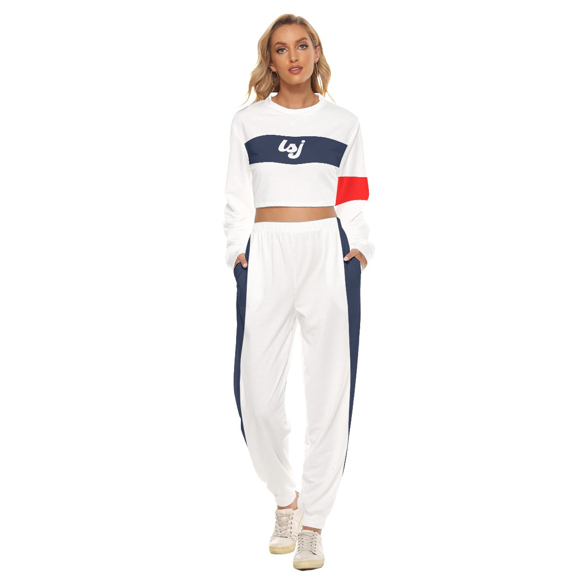 LSJ White, Blue & Red All-Over Print Women's Crop Sweatshirt Suit