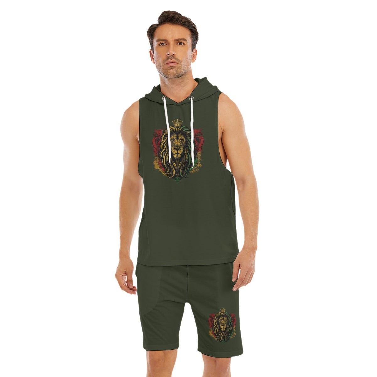 Royal Roar Forest Green Men's Sleeveless Hoodie And Shorts Set