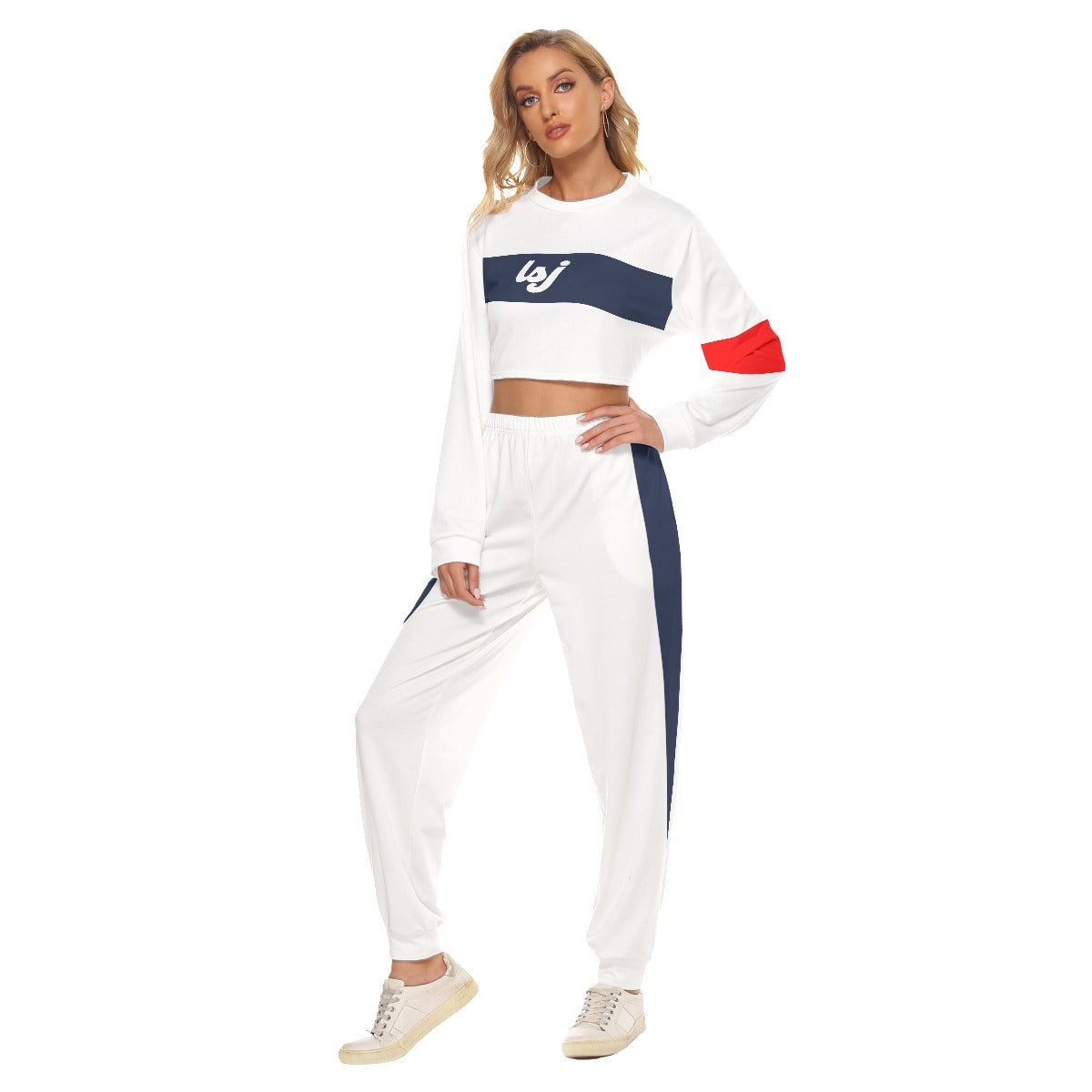 LSJ White, Blue & Red All-Over Print Women's Crop Sweatshirt Suit