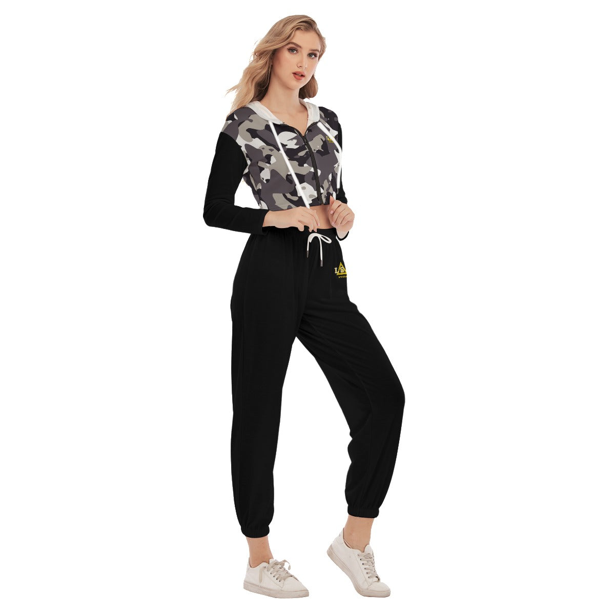 LSJ Black Camo All-Over Print Women's Crop Hoodie Sports Set