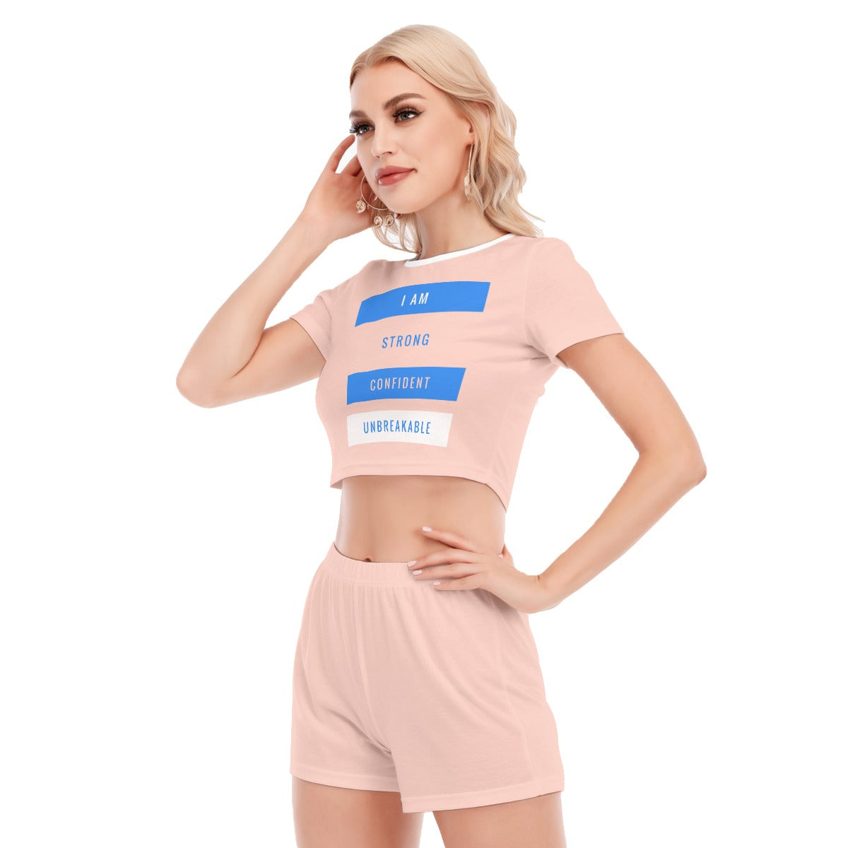 I Am Strong, Confident, Unbreakable Soft Pink Cropped Top Shorts Set