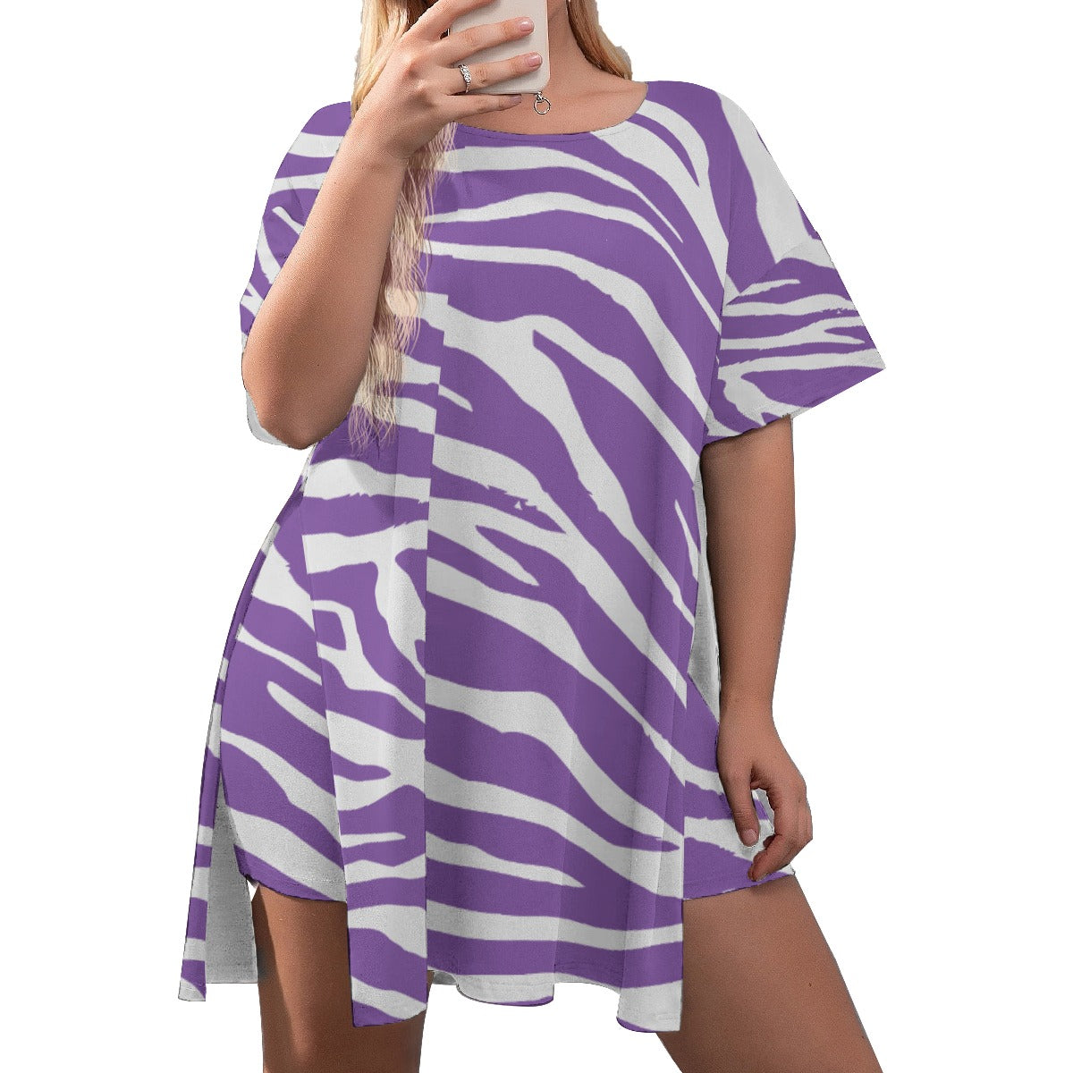 Purple & White Animal Print Women's Drop-Shoulder T-Shirt with Side Split and Shorts (Plus Size)