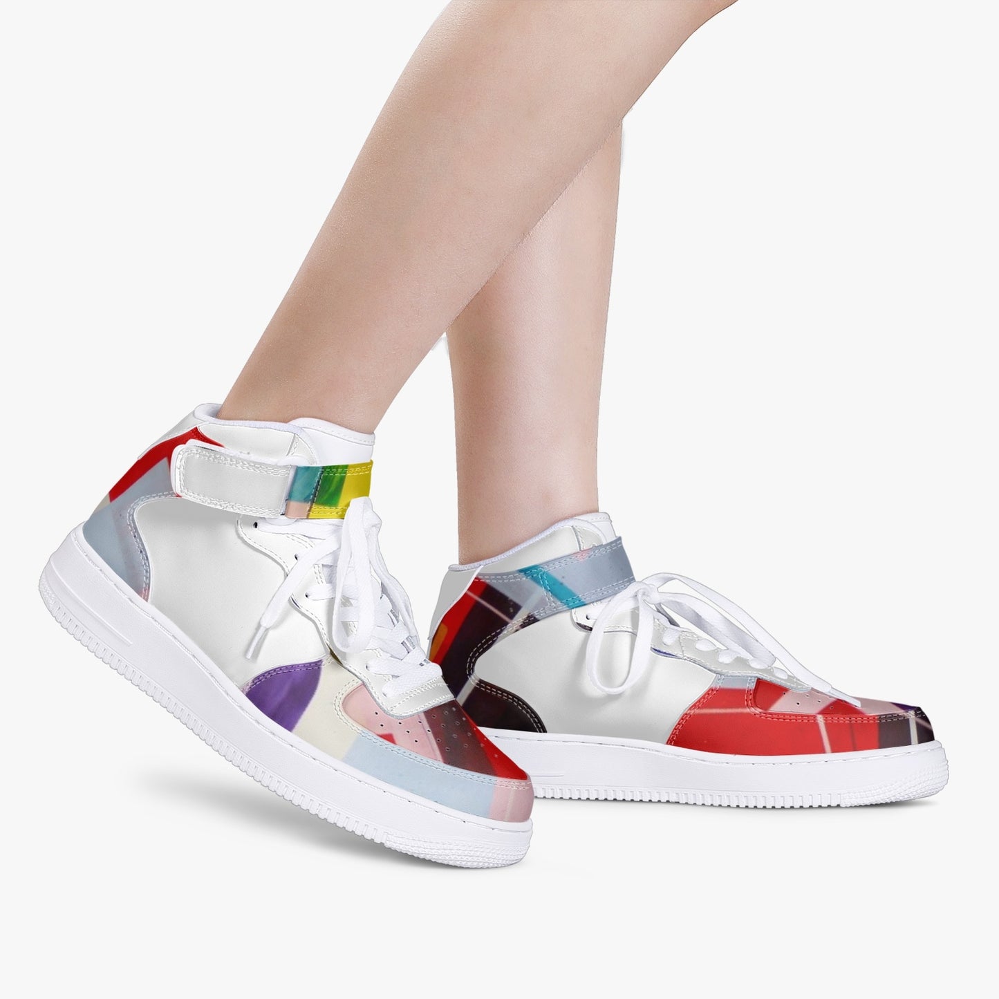 LSJ Puzzle Color White High-Top Leather Sports Sneakers