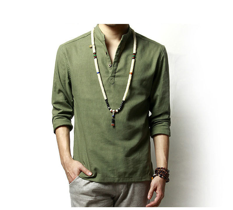 Summer Mens Linen Cotton Green Khaki Blended Shirt Mandarin Collar Breathable Comfy Traditional Chinese Style Popover Henley Shirts For Men