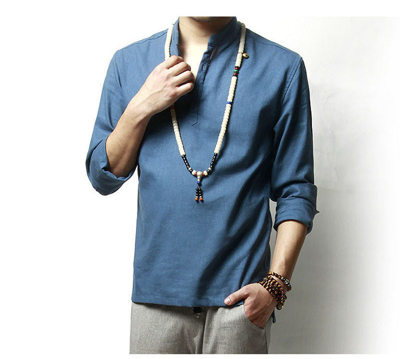 Summer Mens Linen Cotton Green Khaki Blended Shirt Mandarin Collar Breathable Comfy Traditional Chinese Style Popover Henley Shirts For Men