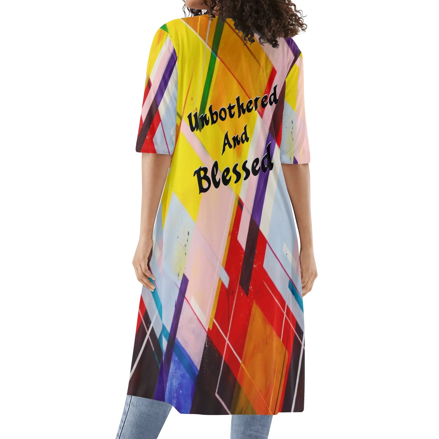 Unbothered & Blessed (Multicolor Paint Style) Womens Half Sleeve Kimono Cardigan