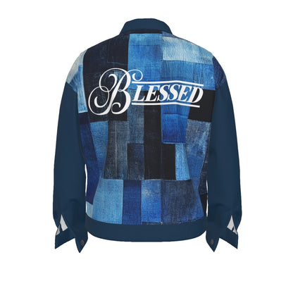 Blessed Denim Print Unisex Lapel Cotton Jacket