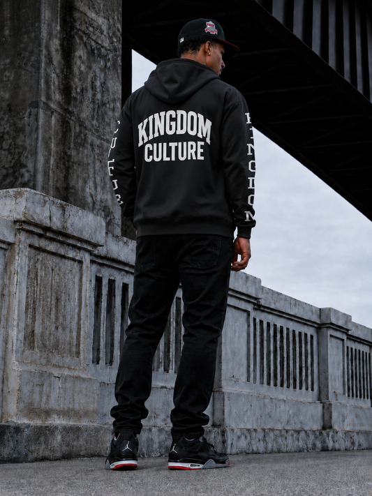 Kingdom Culture Black Hooded Baseball Jacket