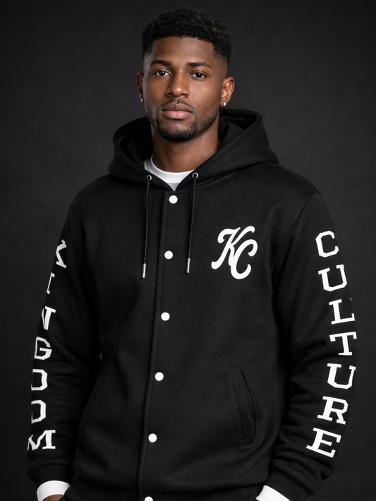 Kingdom Culture Black Hooded Baseball Jacket