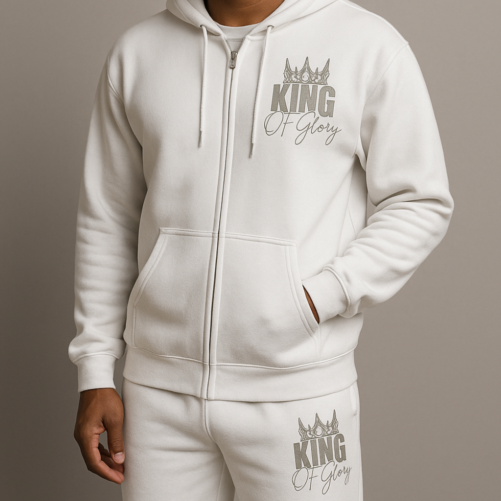 Man wearing a white hoodie and pants with 'King of Glory' text on a gray background