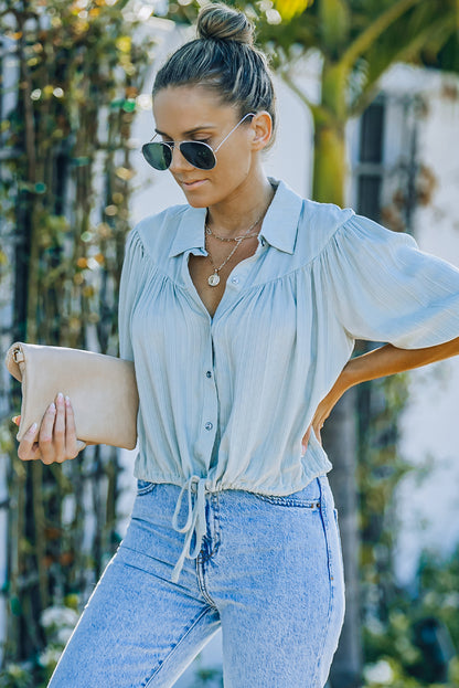 Button Front Puff Sleeve Cropped Shirt