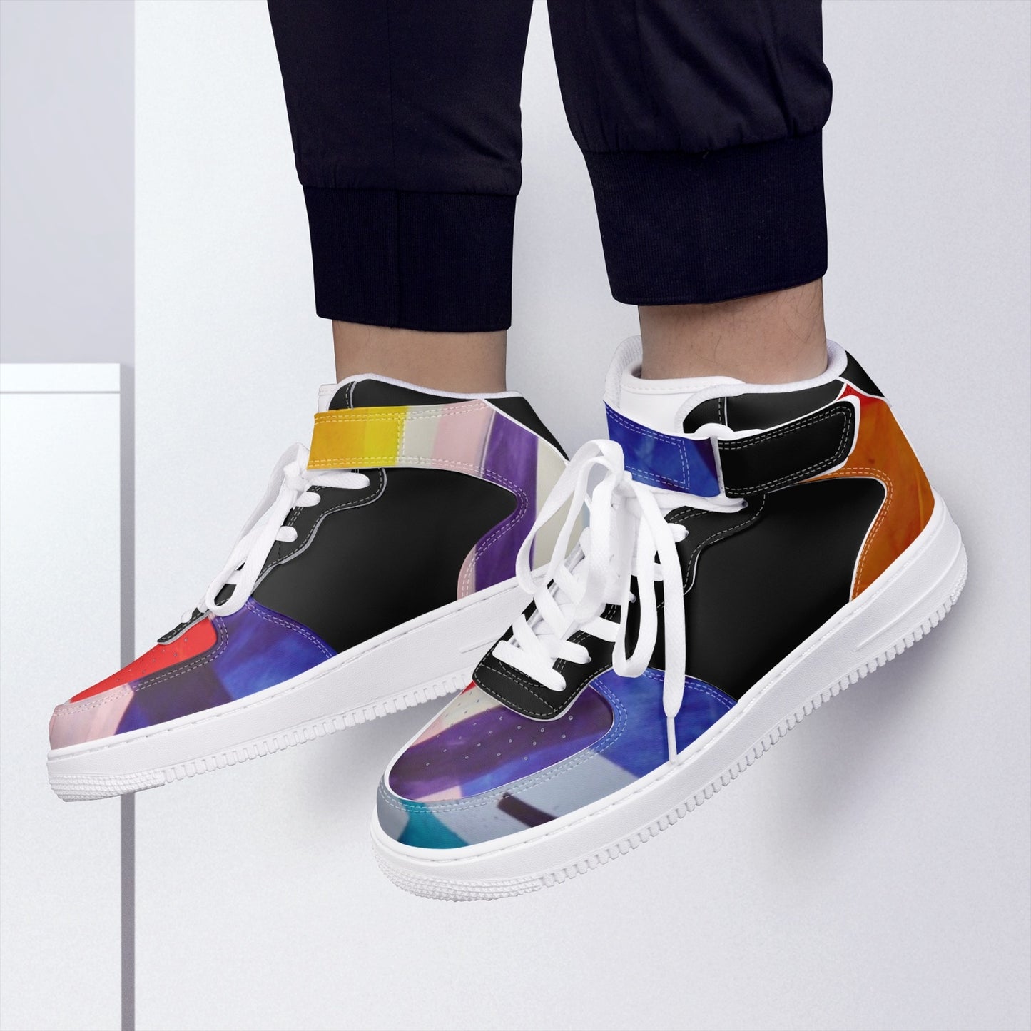 LSJ Puzzle Color Black High-Top Leather Sports Sneakers
