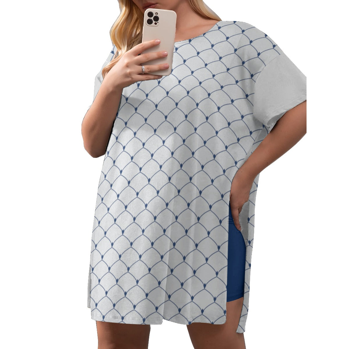 Blue & White Pattern Women's Drop-Shoulder T-Shirt with Side Split and Shorts (Plus Size)
