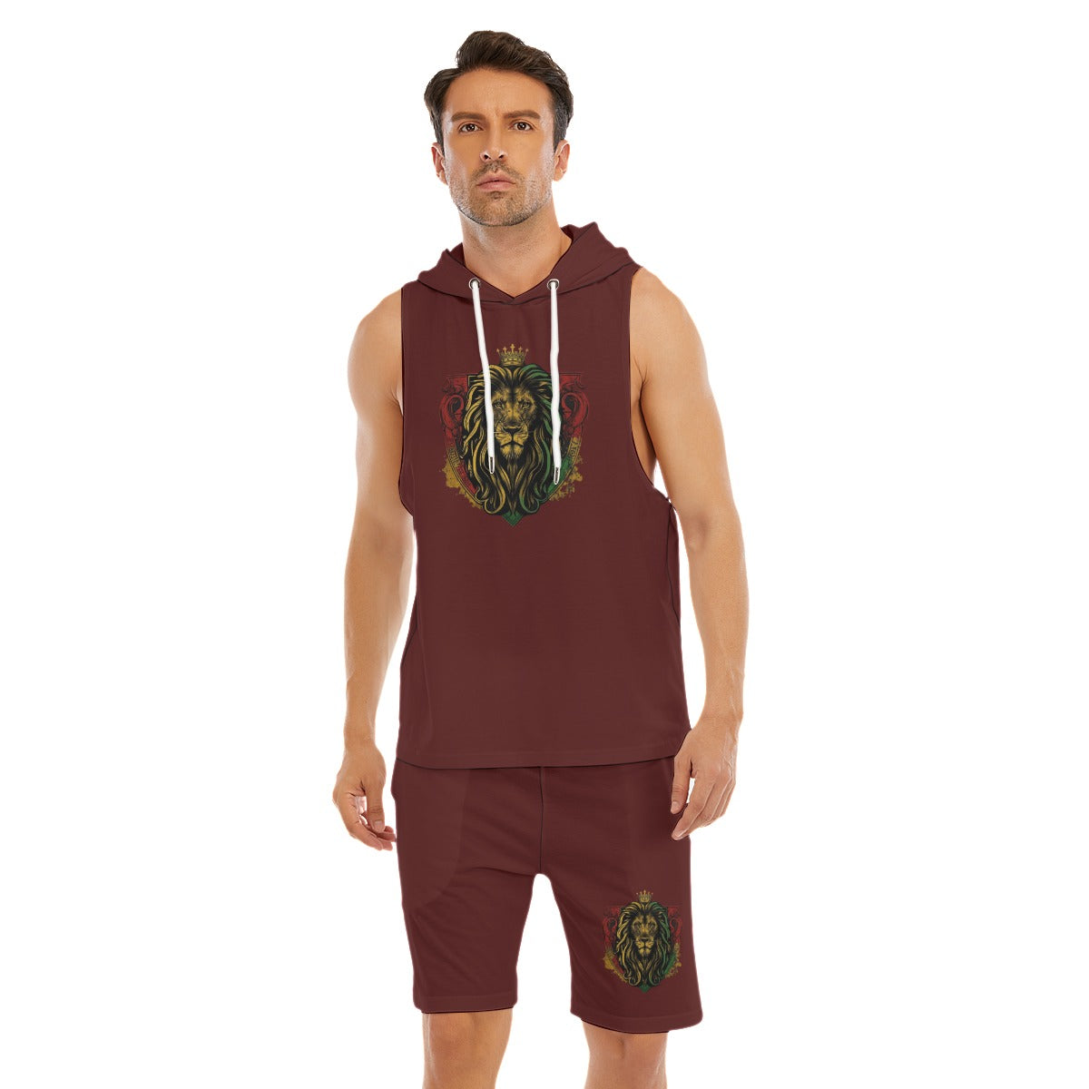 Royal Roar Burgandy Men's Sleeveless Hoodie And Shorts Set