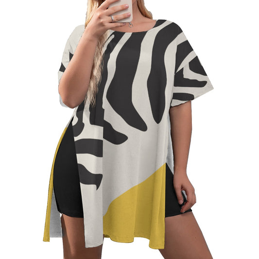 Black White & Yellow Women's Drop-Shoulder T-Shirt with Side Split Shorts Set (Plus Size)
