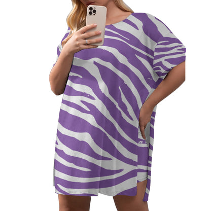 Purple & White Animal Print Women's Drop-Shoulder T-Shirt with Side Split and Shorts (Plus Size)