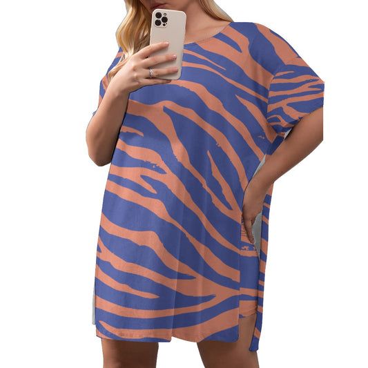 Blue & Orange Animal Print Women's Drop-Shoulder T-Shirt with Side Split and Shorts (Plus Size)
