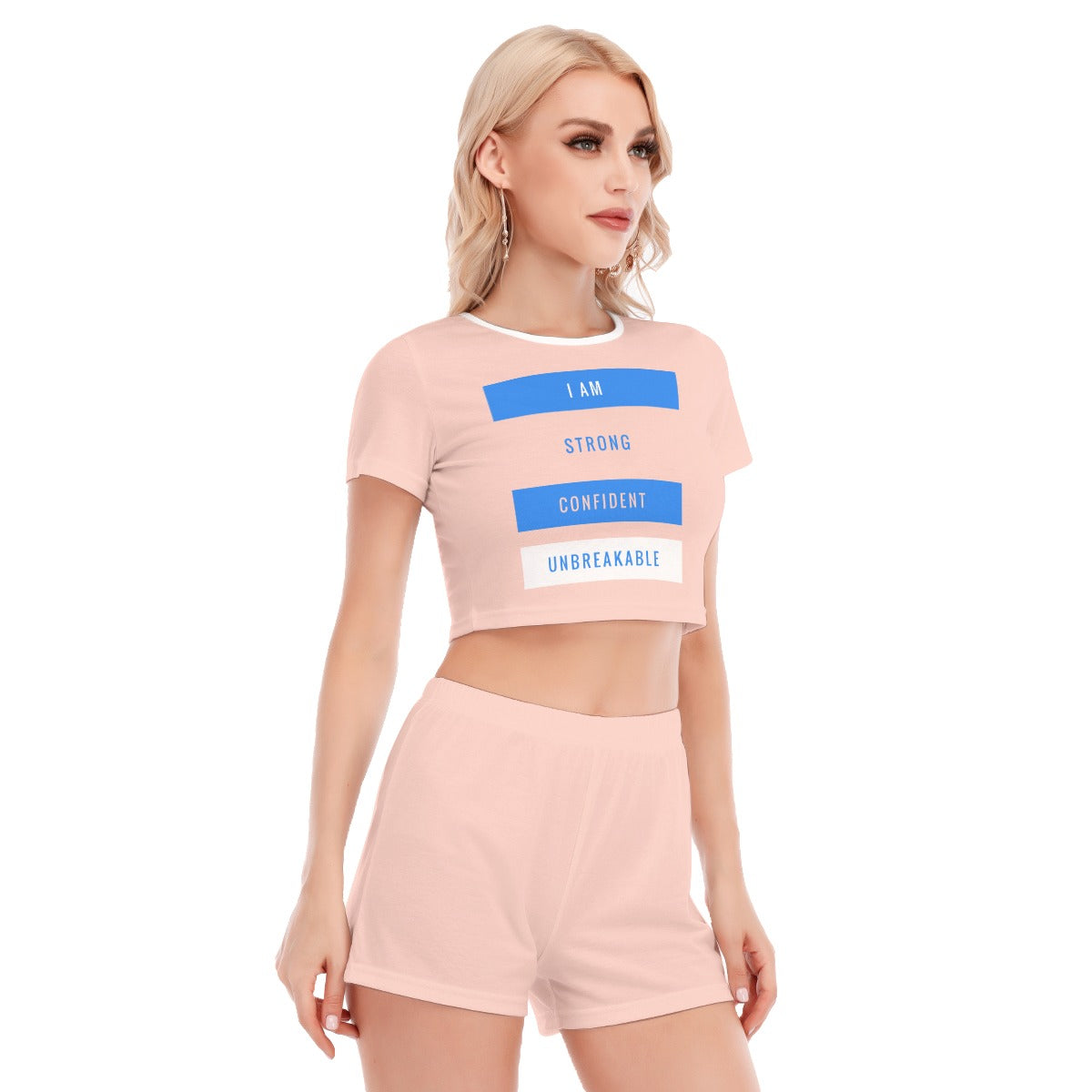 I Am Strong, Confident, Unbreakable Soft Pink Cropped Top Shorts Set
