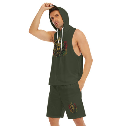 Royal Roar Forest Green Men's Sleeveless Hoodie And Shorts Set