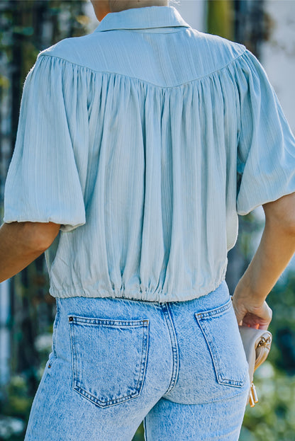 Button Front Puff Sleeve Cropped Shirt