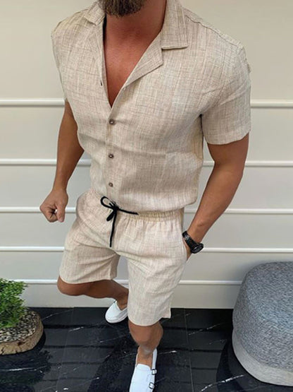 Men's Short-sleeve Linen Button-up Shirt And Matching Shorts Set